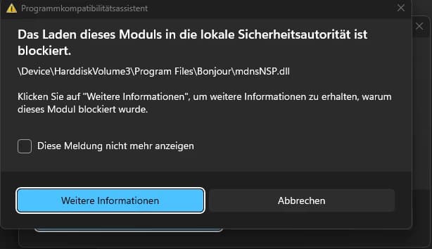 Windows-Dialog: Das Laden dieses Moduls in die lokale Sicherheitsautorität ist blockiert — mdnsNSP.dll