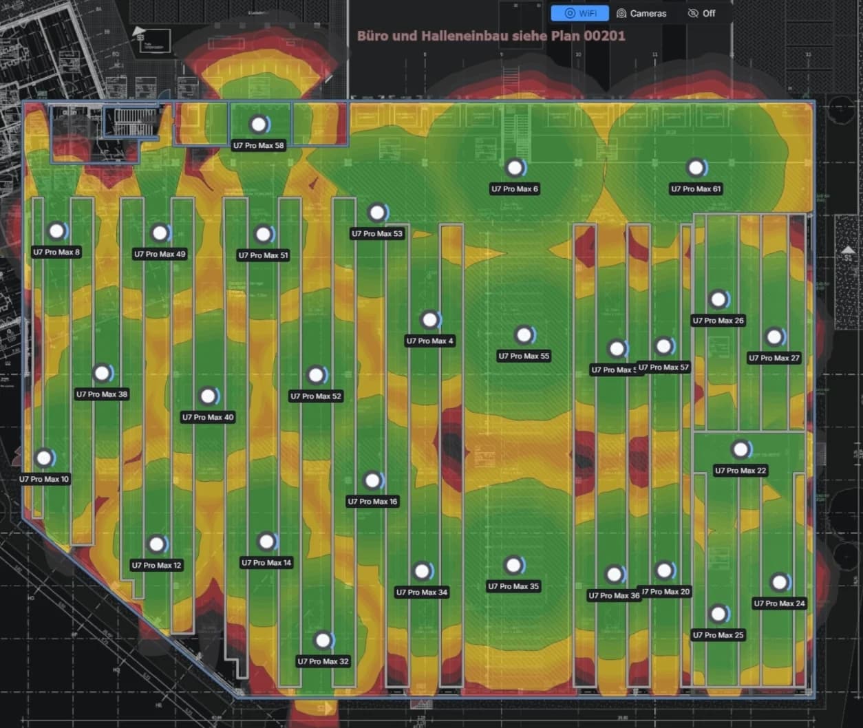UniFi WLAN Heatmap — Simulierte Funkabdeckung einer Produktionshalle auf Basis des Bauplans