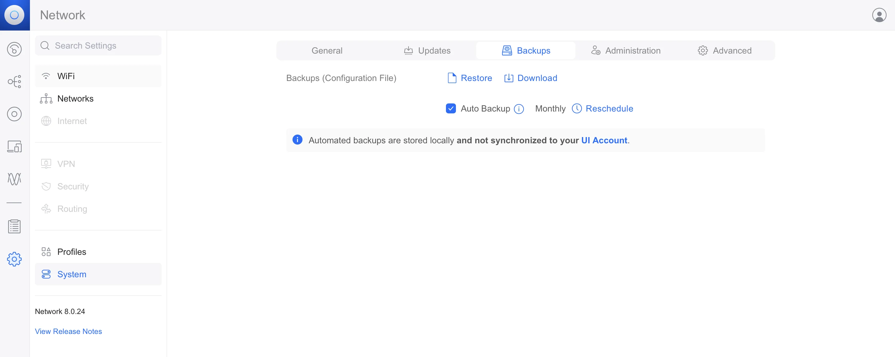 UniFi Network Backup-Einstellungen in der Docker-Version (Network 8.0.24)