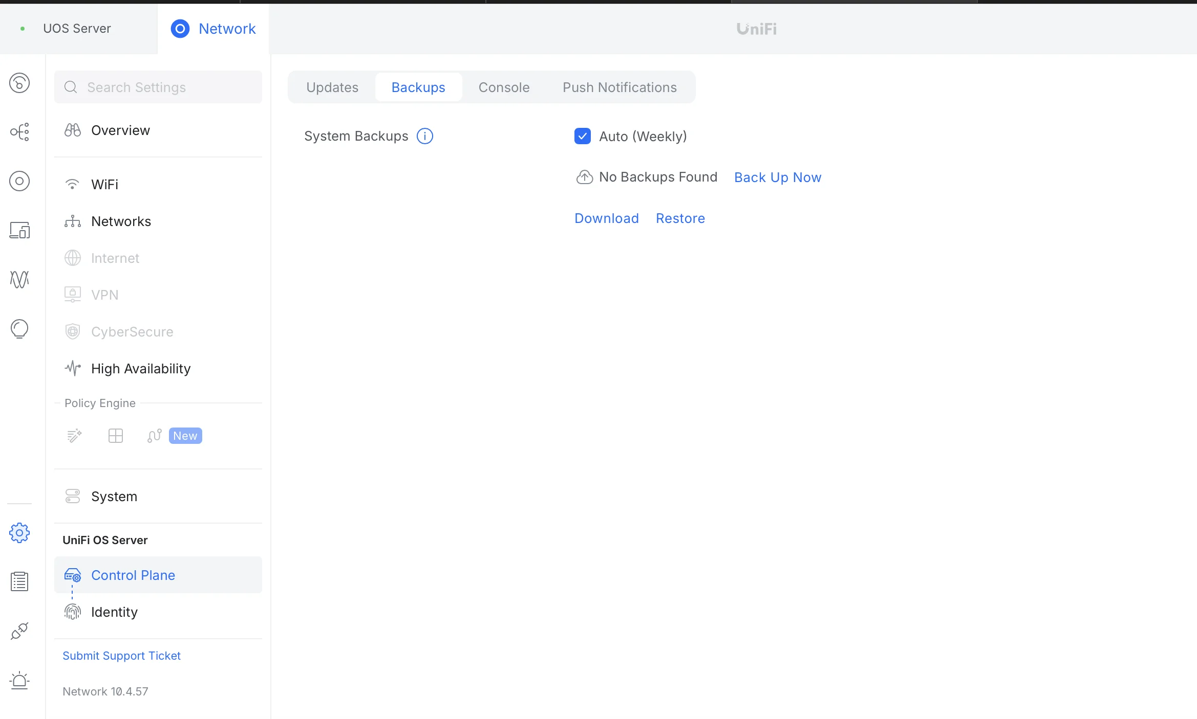 UniFi OS Server — Control Plane mit Backup-Verwaltung (Network 10.4.57)
